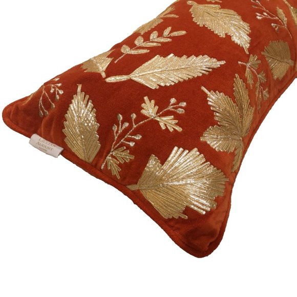 LILLIAN AUGUST Home Embroidered Gold leaves on rust velvet Bolster Pillow throw - Picture 1 of 4